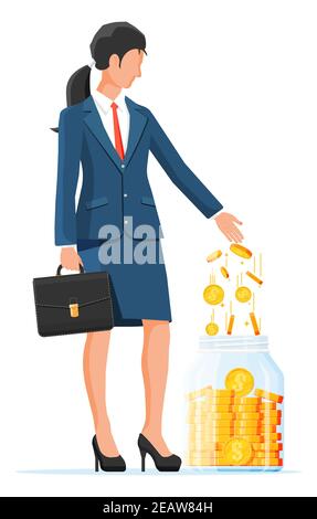 Businesswoman putting gold dollar coin in moneybox. Glass money jar full of money. Growth, income, savings, investment. Symbol of wealth. Business success. Flat style vector illustration. Stock Vector