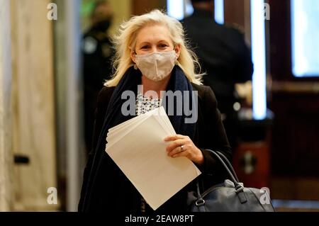 U.S. Senator Kirsten Gillibrand (D-NY) arrives prior to the start of opening arguments in the impeachment trial of former U.S. President Donald Trump, on charges of inciting the deadly attack on the U.S. Capitol, on Capitol Hill in Washington, U.S., February 10, 2021. Credit: Joshua Roberts/Pool via CNP | usage worldwide