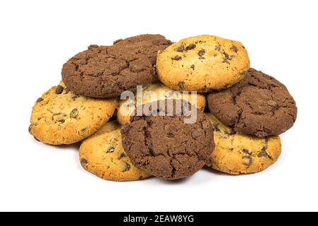 Heap of different chocolate chips cookies on white background Stock Photo