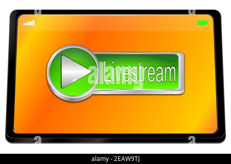 Tablet computer with green Livestream Button on orange desktop - 3D illustration Stock Photo