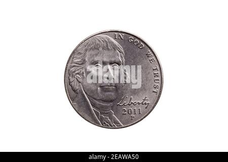 USA half dime nickel coin (25 cents) with a portrait image of Thomas Jefferson cut out and isolated Stock Photo
