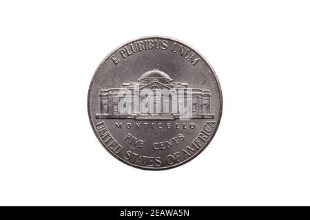 USA half dime nickel coin (25 cents) reverse showing Monticello cut out and isolated Stock Photo