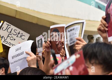 Bangkok, Thailand. 10th Feb, 2021. Myanmar people living in Thailand protest against the Burmese military coup today at Pathumwan intersection. (Photo by Teera Noisakran/Pacific Press) Credit: Pacific Press Media Production Corp./Alamy Live News Stock Photo