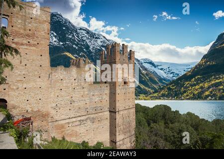 castle ruin with snow-capped mountains mountains castle ruin with snow-capped mountains mountains Stock Photo