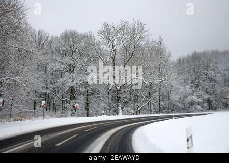 slippery road surface in winter Stock Photo