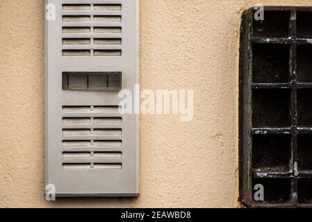 Old intercom at wall Stock Photo