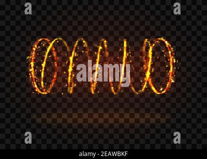 Yellow horizontal spiral teleport with light effects. Magic glowing portal with sparkles on transparent background. Vector illustration of energy stre