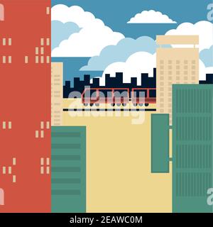 pastel city with train in flat style. vector 2d Stock Vector
