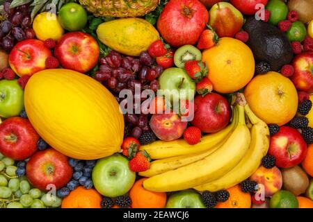 Food background fruits collection apples berries banana oranges fruit Stock Photo