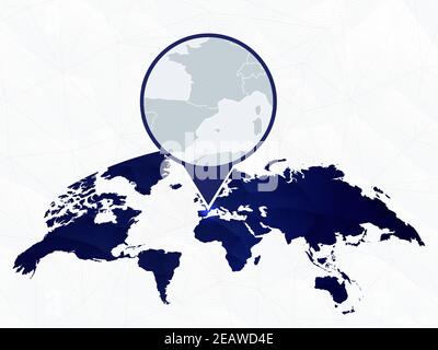 Andorra detailed map highlighted on blue rounded World Map. Map of Andorra in circle. Stock Vector