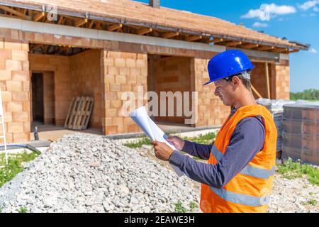 construction manager on the construction site of a family house Stock Photo