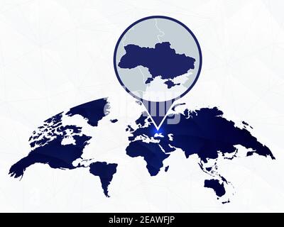 Ukraine detailed map highlighted on blue rounded World Map. Map of Ukraine in circle. Stock Vector