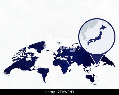 Japan detailed map highlighted on blue rounded World Map. Map of Japan in circle. Stock Vector