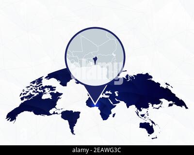 Benin detailed map highlighted on blue rounded World Map. Map of Benin in circle. Stock Vector