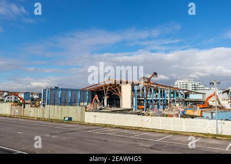 Demolition of the old swimming pool, which opened in 1987, taking place at Butlins in Bognor Regis, West Sussex, UK. Stock Photo