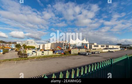 Demolition of the old swimming pool, which opened in 1987, taking place at Butlins in Bognor Regis, West Sussex, UK. Stock Photo