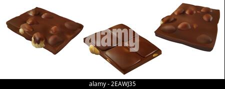 Chocolate bar piece with whole big hazelnuts. Realistic vector illustration. Candy set isolated on white Stock Vector
