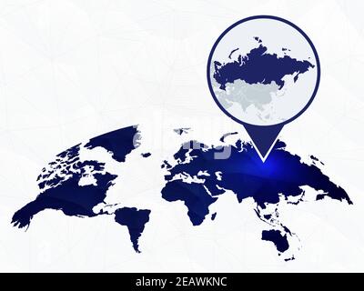 Russia detailed map highlighted on blue rounded World Map. Map of Russia in circle. Stock Vector