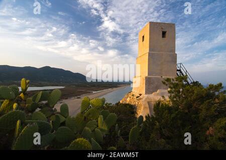 Salinas coastal Tower, Muravera, Cagliari district, Sardinia, Italy, Europe Stock Photo