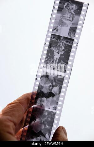 A strip of 35mm black and white film negative Stock Photo