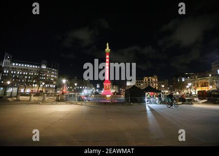 London, England, UK. 10th Feb, 2021. Nelson's Column in London's Trafalgar Square is seen lit by a projection for the celebration of upcoming Chinese New Year, The Lunar New Year falls on 12 February in 2021, marking the start of the Year of Ox. Credit: Tayfun Salci/ZUMA Wire/Alamy Live News Stock Photo