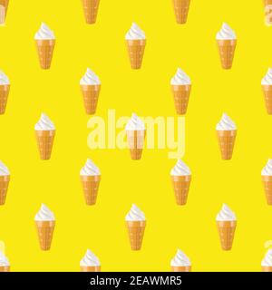 Seamless pattern of a plastic ice-cream. Plastic fast food on yellow background. Concept of harmful artificial food. Food pattern Stock Photo