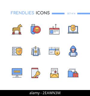 Computer attacks - colorful line design style icons. Internet safety idea. Trojan, email malware, phishing, hacker, USB virus. File and data protectio Stock Vector