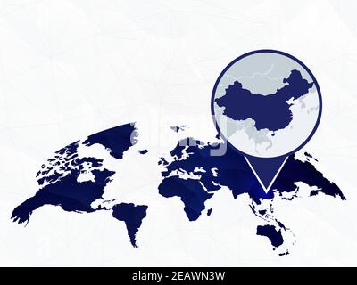 China detailed map highlighted on blue rounded World Map. Map of China in circle. Stock Vector