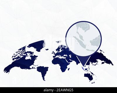 Singapore detailed map highlighted on blue rounded World Map. Map of Singapore in circle. Stock Vector