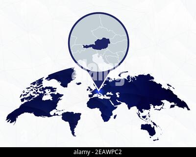 Austria detailed map highlighted on blue rounded World Map. Map of Austria in circle. Stock Vector