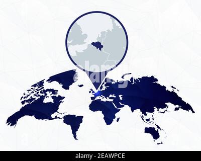 Belgium detailed map highlighted on blue rounded World Map. Map of Belgium in circle. Stock Vector
