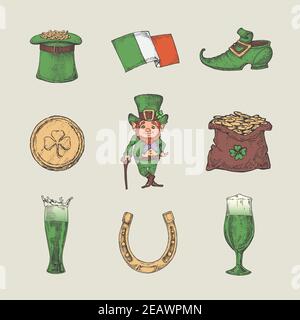 Retro Style Saint Patricks Illustrations Collection. Hand Drawn Leprechaun, Horse Shoe, Coins, Shamrock, Irish Flag, and Beer Sketch Symbols or Icons Stock Vector