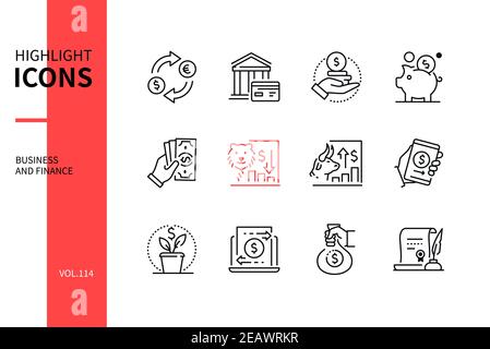 Business and finance - line design style icons set. Banking and financial management idea. Exchange, payments, coins, piggy bank, cash, bear and bull Stock Vector