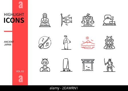 Ancient Japan - modern line design style icons set. Japanese culture, arts and craft, religion signs and symbols, history idea. Traditional clothes, t Stock Vector