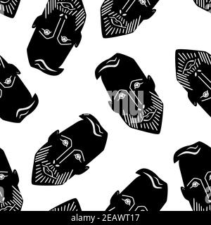 Male face seamless vector pattern background. Monochrome backdrop with hand drawn heard of a stylish bearded man. High contrast flat line art and Stock Vector