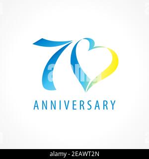 Anniversary 70 years old hearts celebrating vector digit logo. Birthday greetings with framed tape heart shape. Holiday abstract numbers or letter o. Stock Vector