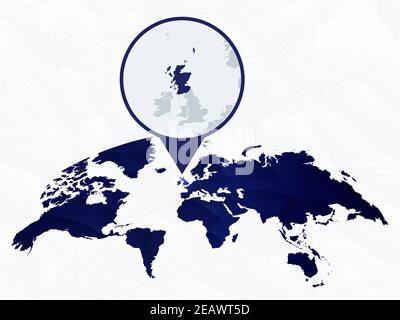 Scotland detailed map highlighted on blue rounded World Map. Map of Scotland in circle. Stock Vector