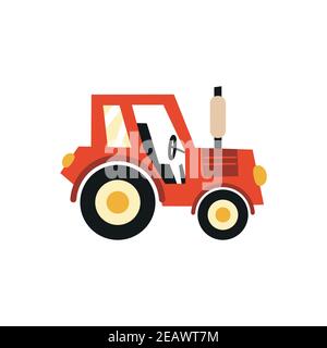Flat tractor on white background. Red tractor icon - vector illustration. Stock Vector