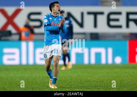 Bergamo, Italy. 10th Feb, 2021. Hirving Lozano (SSC Napoli) celebrates after scoring a goal during Atalanta BC vs SSC Napoli, Italian football Coppa Italia match in Bergamo, Italy, February 10 2021 Credit: Independent Photo Agency/Alamy Live News Stock Photo