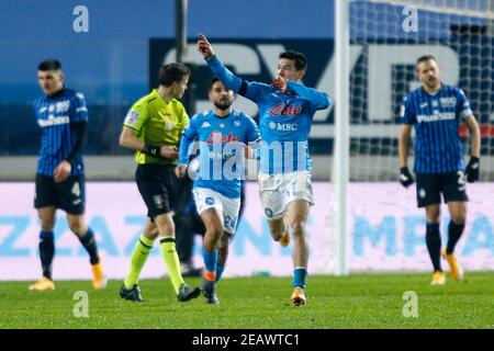 Gewiss Stadium, Bergamo, Italy, 10 Feb 2021, Hirving Lozano (SSC Napoli) celebrates after scoring a goal during Atalanta BC vs SSC Napoli, Italian football Coppa Italia match - Photo Francesco Scaccianoce / LM Stock Photo