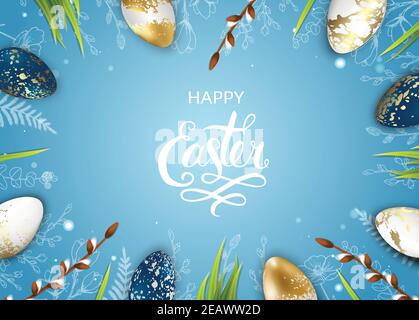 Template vector card with eggs and flowers, Willow. Doodles hand drawn elements. Stock Vector