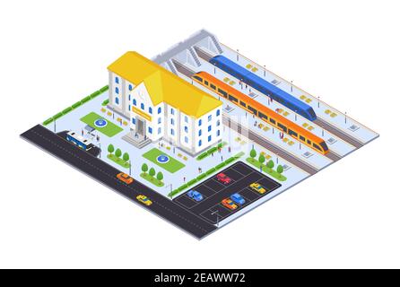 Railway station - modern vector colorful isometric illustration. Urban landscape with platforms, trains, passengers, bus stop and parking lots. Develo Stock Vector