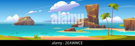 Sea beach, rock islands in water and clouds in blue sky. Vector cartoon summer landscape of ocean shore, mountains, green grass and palm trees on sand beach. Seascape panorama Stock Vector