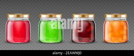 Jam jars, glass containers with fruit jelly, colorful gelatin marmalade packs with cap mock up design. Blank different color preserve tubes isolated on transparent background, Realistic 3d vector set Stock Vector