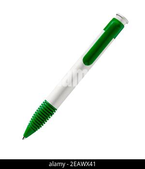 Pen isolated on white background.  Green Ballpoint pen cut out. White disposable biro pen. Stock Photo