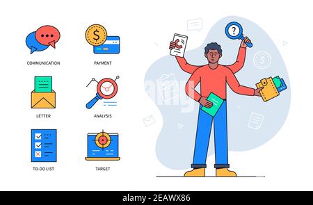 Multitasking concept - colorful flat design style poster with thematic icons. Infographics with a boy holding a wallet, magnifier, smartphone and note Stock Vector