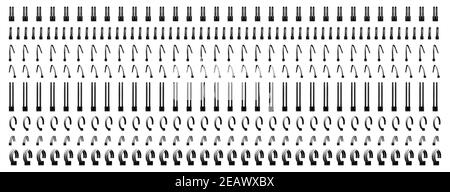 Notebook spirals, wire steel ring bindings and springs for calendar, diary, notepad, document cover or booklet sheets, metal stitch isolated on white background. Realistic 3d vector illustration, set Stock Vector
