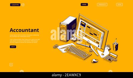 Accountant isometric landing page. Monthly recurring revenue and tax calculation. Computer desktop with budget or payment chart on screen and calculator. Earning analysis 3d vector line art web banner Stock Vector