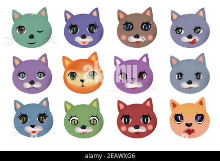Funny cute cats faces with different emotions. Colorful cats happy, sad, crazy, cheerful. Cat characters. Vector illustration. Stock Vector