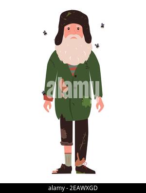 Homeless. A shaggy man in dirty rags. Character for infographics. Stock Vector